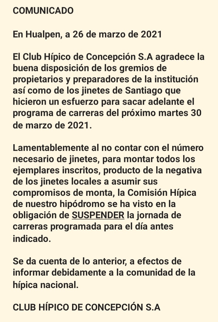 CLUB HÍPICO DE CONCEPCIÓN SUSPENDE LA REUNION DEL DIA 30 DE MARZO.